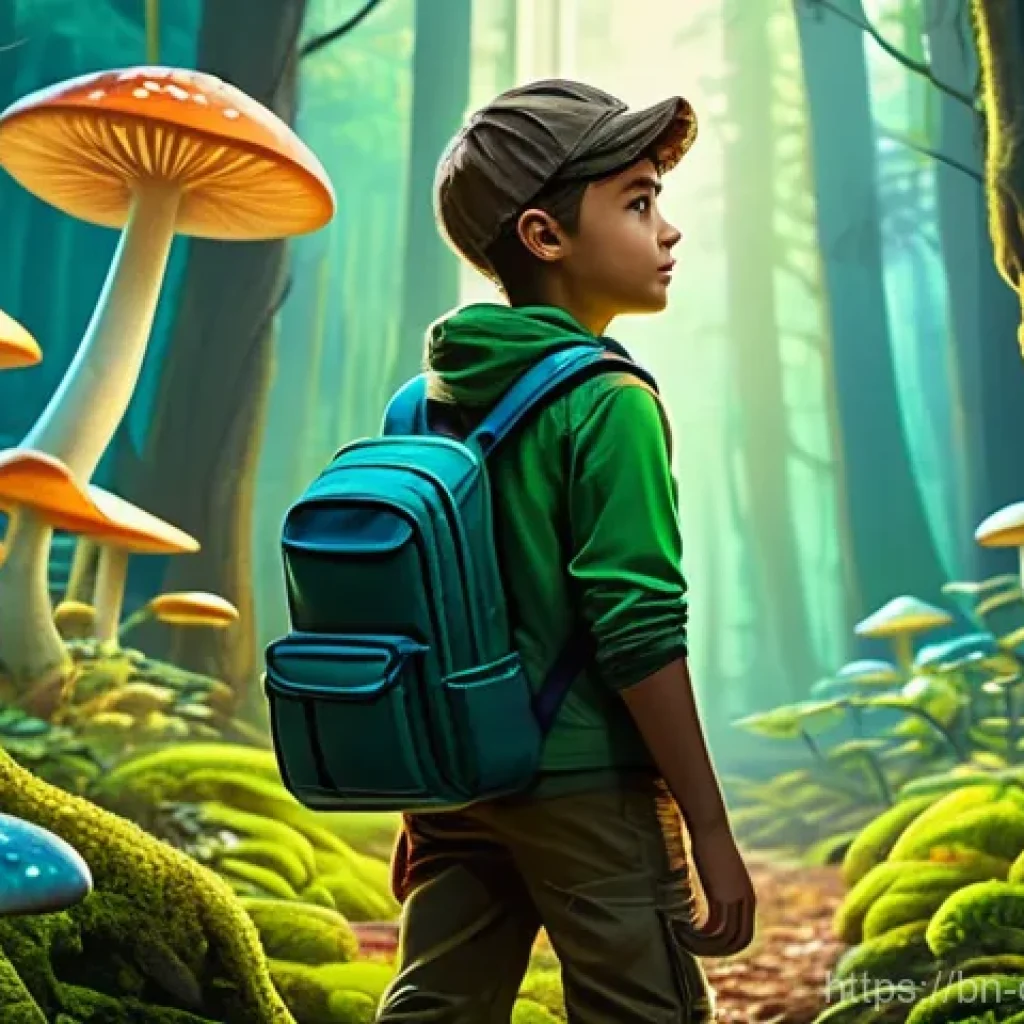 디지털 제작 사례 연구 성공적인 제작자들의 이야기 - A vibrant digital painting of a young, gender-neutral explorer, approximately 10-12 years old, stand...