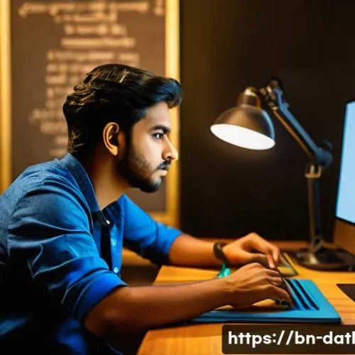 디지털 제작자 운동의 성과 측정 방법 - A vibrant digital content creator workspace featuring a young Bengali man thoughtfully analyzing use...