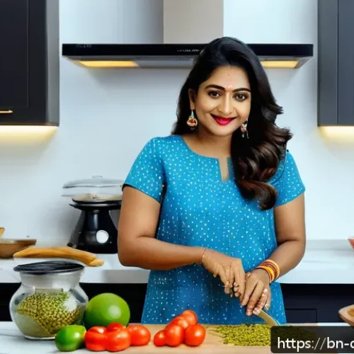 디지털 제작자 운동의 성공 전략  케이스 스터디 - A creative Bengali digital content creator filming a vibrant cooking video in a modern kitchen, wear...