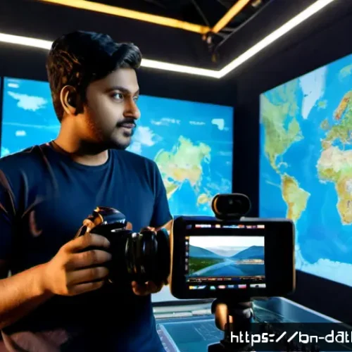Home 17 디지털 제작자 운동의 해외 진출 전략 - Photorealistic cinematic scene of a young Bengali digital creator in a modern Dhaka studio, collabor...