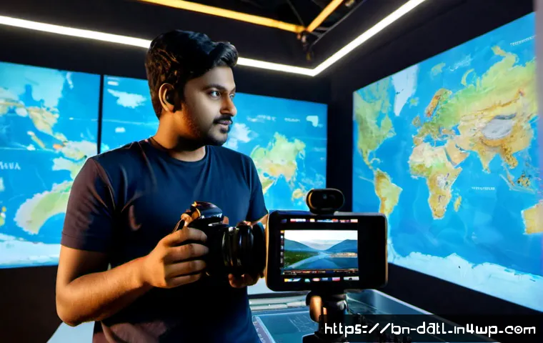 디지털 제작자 운동의 해외 진출 전략 - Photorealistic cinematic scene of a young Bengali digital creator in a modern Dhaka studio, collabor...