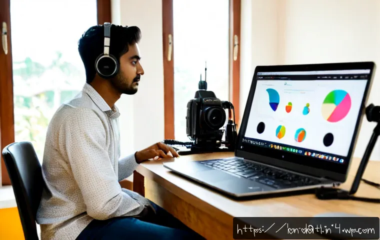 디지털 제작자 운동의 영향력 있는 플랫폼 분석 - Photorealistic editorial scene of a Bengali digital creator in a bright modern home studio, seated a...